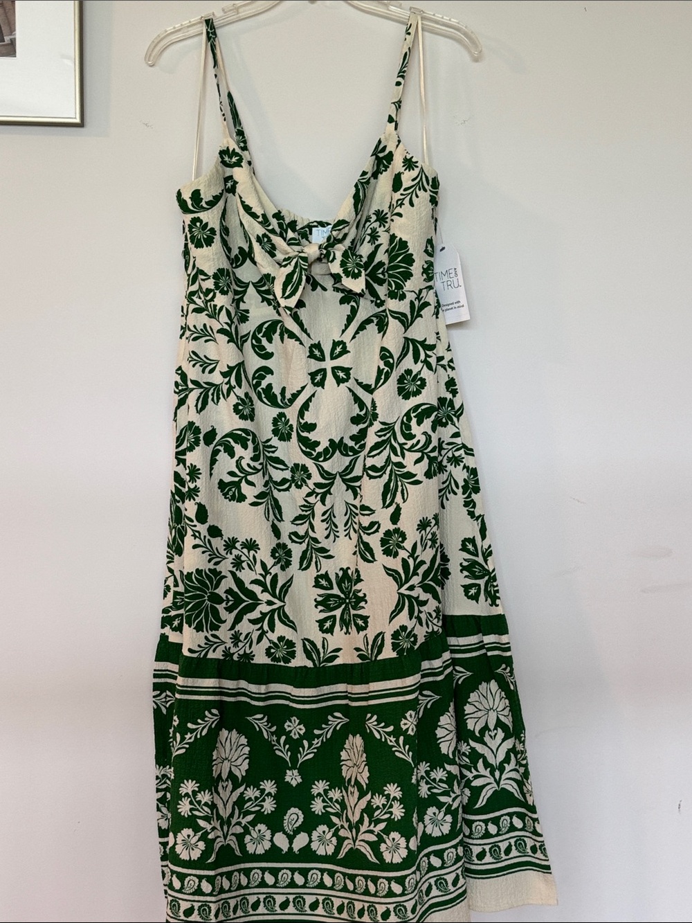 Time and Tru Green and Cream Floral Tie-Front Maxi Dress